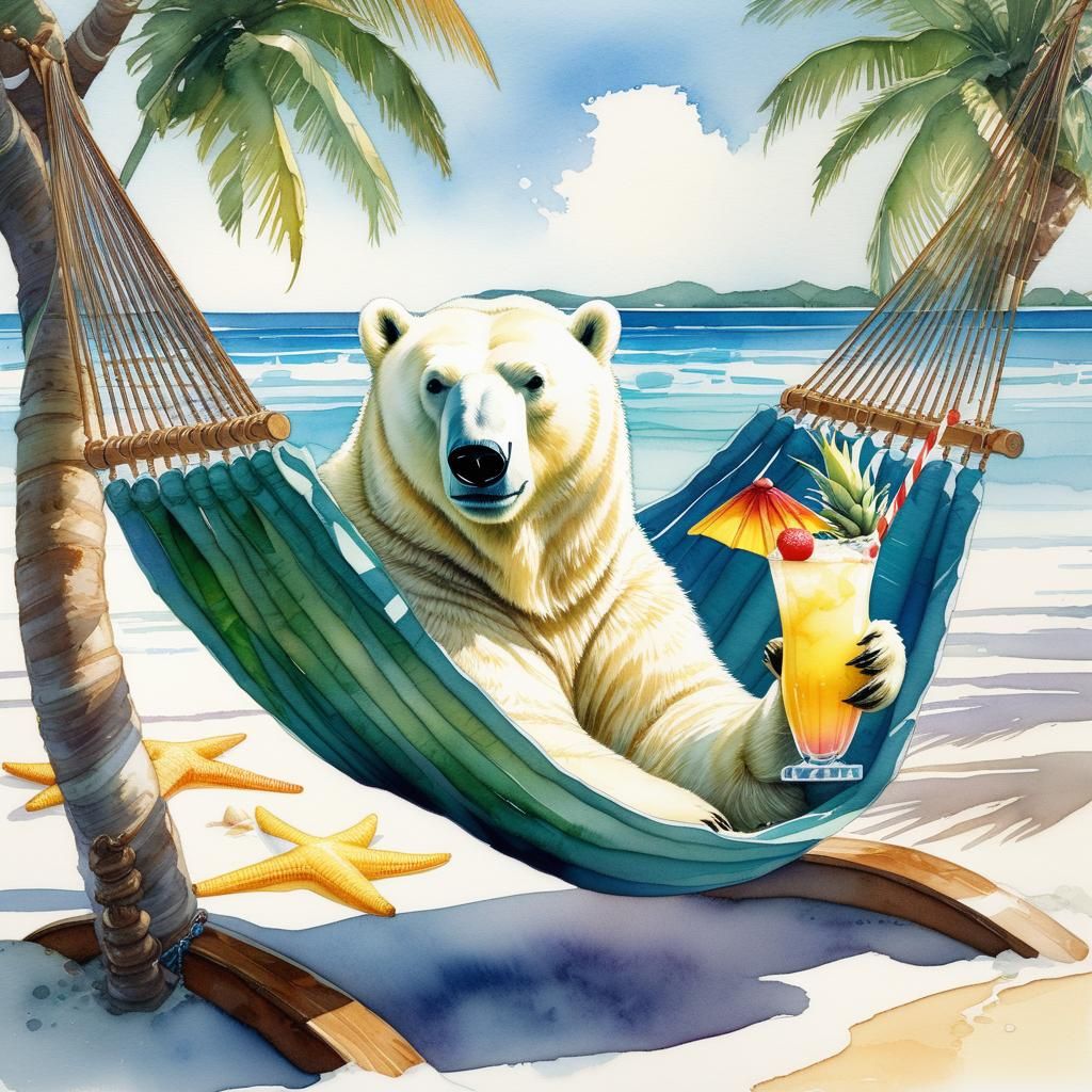 A polar bear  drinking pina colada at a tropical beach