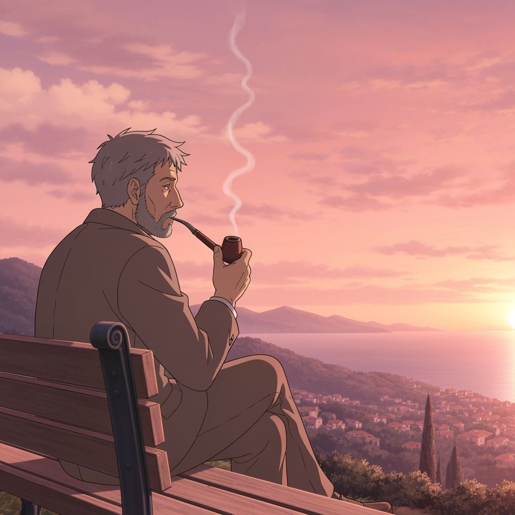 Man Gazing at Sunset Hills and Sea in Studio Ghibli Style