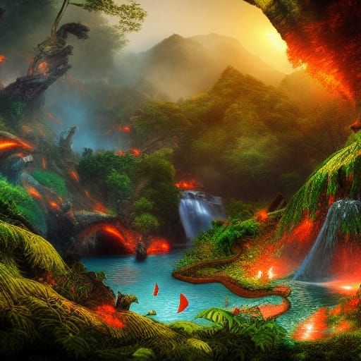 Lush Jungle Scene with Volcano in Fantasy Art
