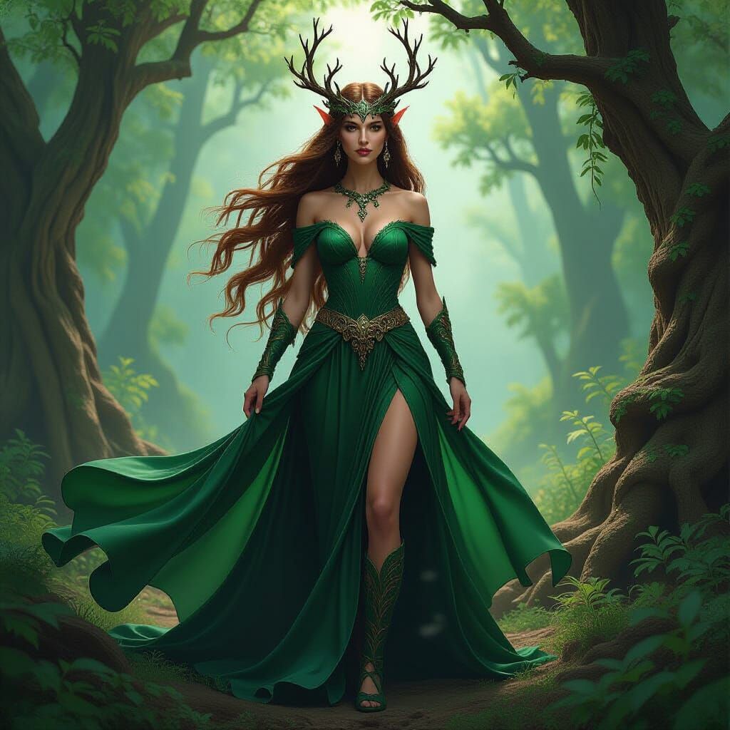 Wood Elf Goddess in Forest, Dark Fantasy Concept Art