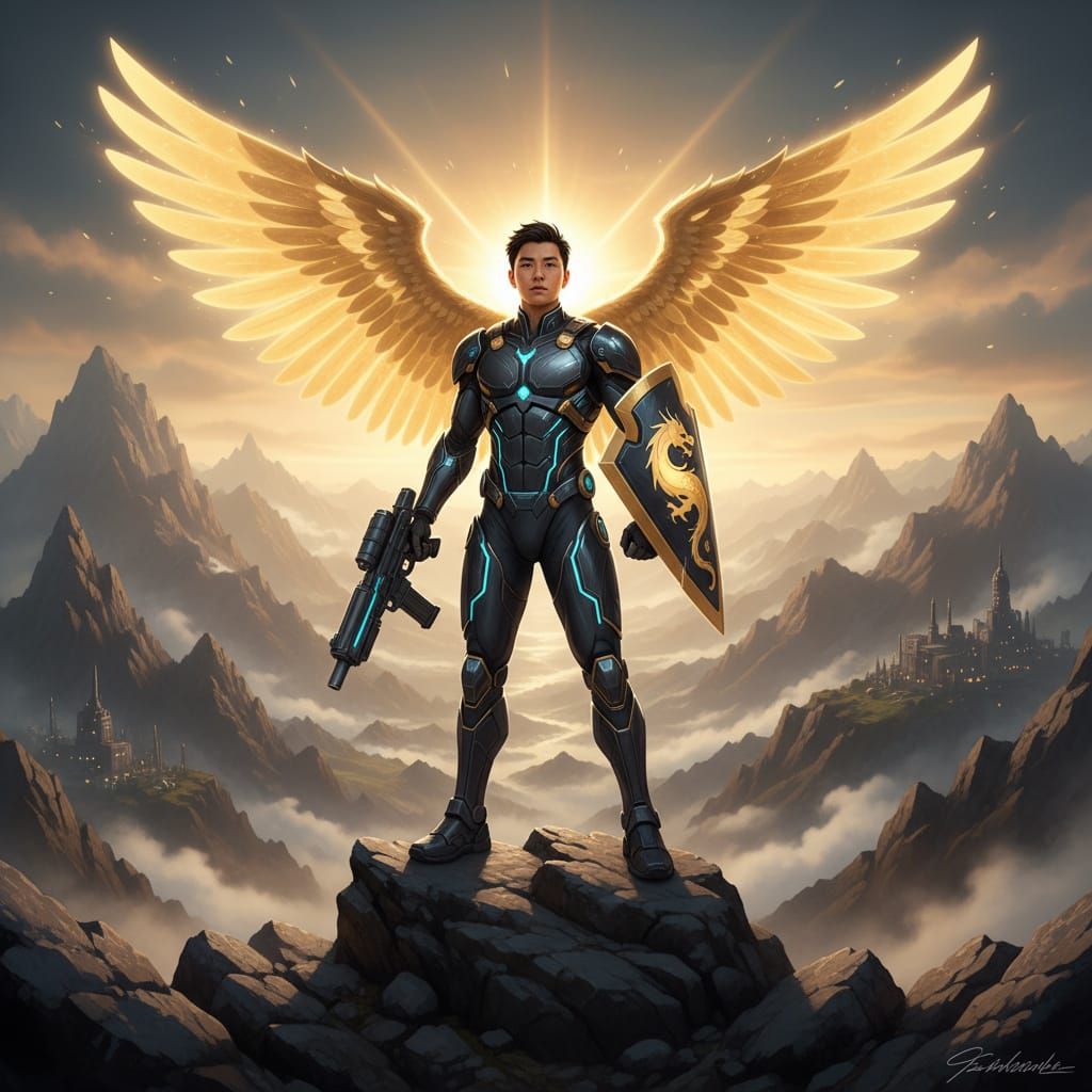 Asian Superhero with Golden Wings on Mountain Peak at Sunris...
