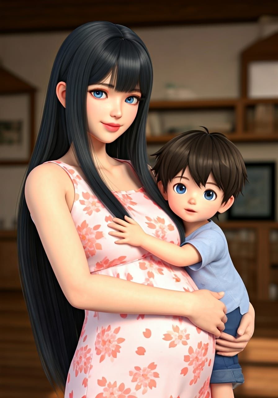 Pregnant Woman with Child: 3D Anime Art