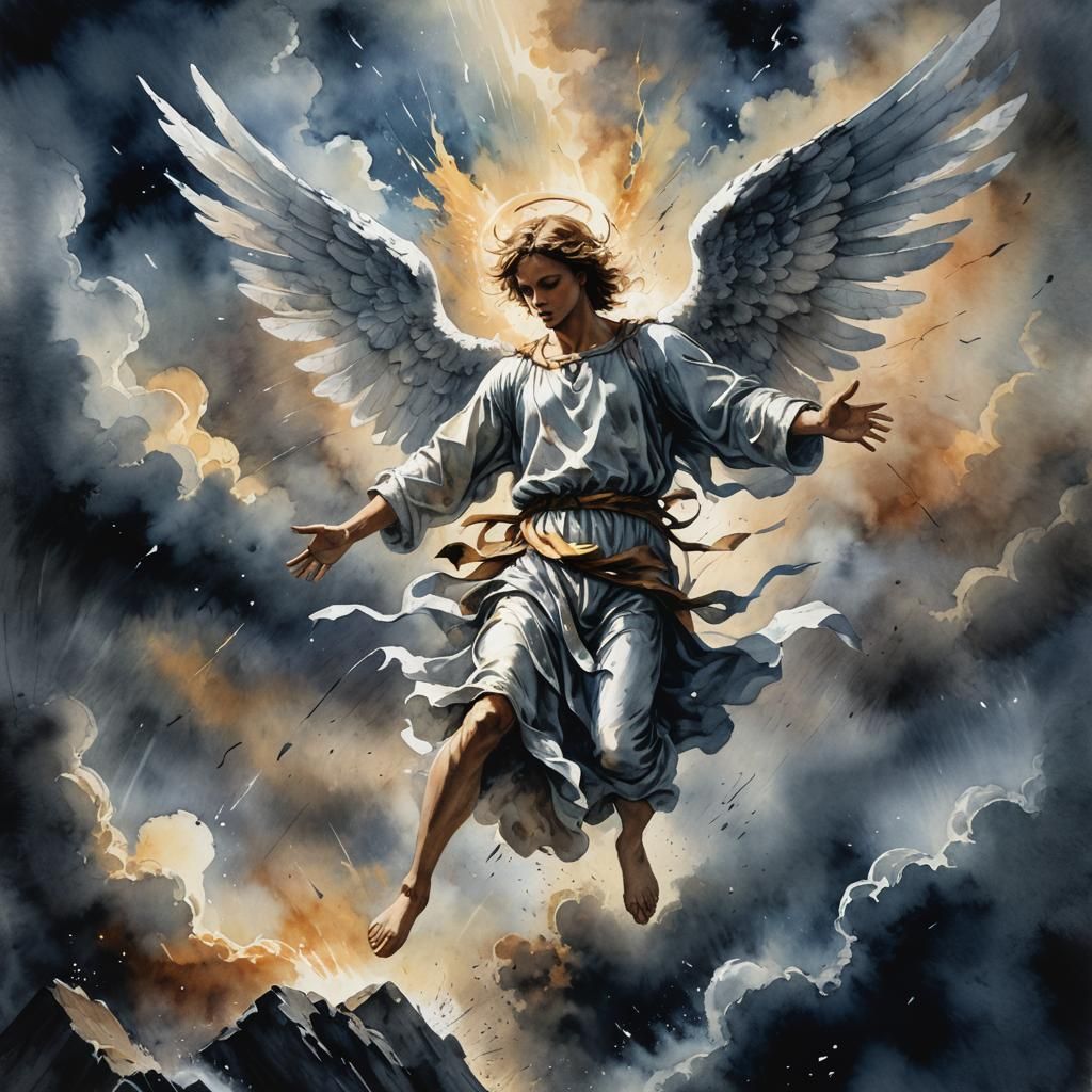 angelic view of an angel falling from the divine sky in wate...