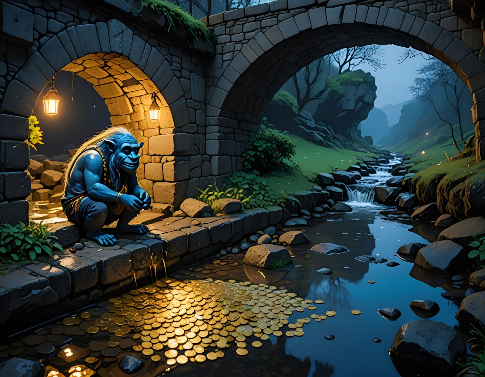 Troll Counts Gold Coins Under Stone Bridge
