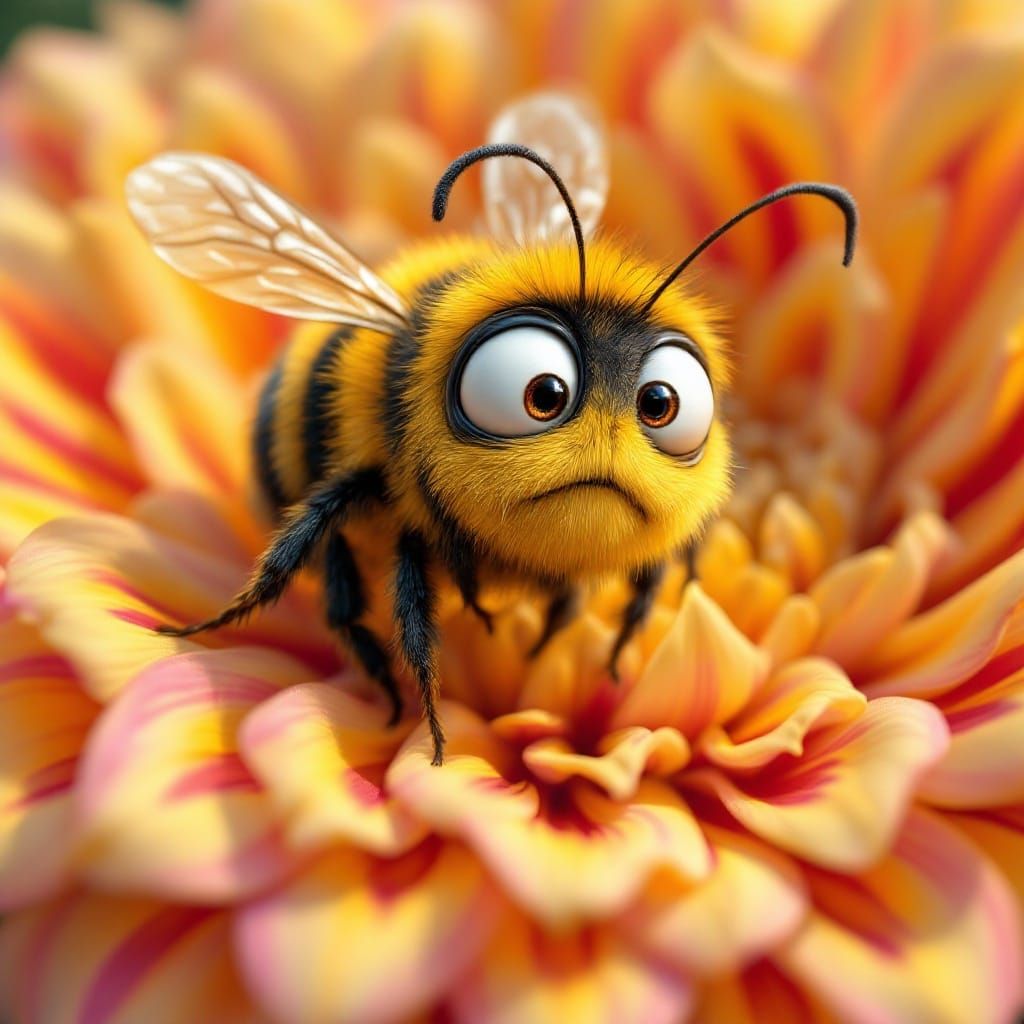 Comical Bee Lands on Whimsical Flower in Pixar-Inspired 3D S...