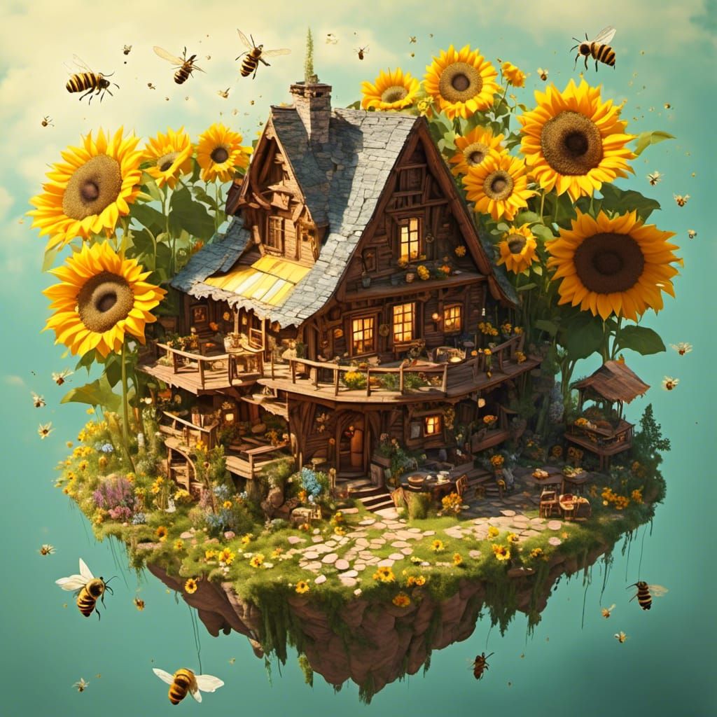 Sunflower Cabin Dreamscape with Honey Bees