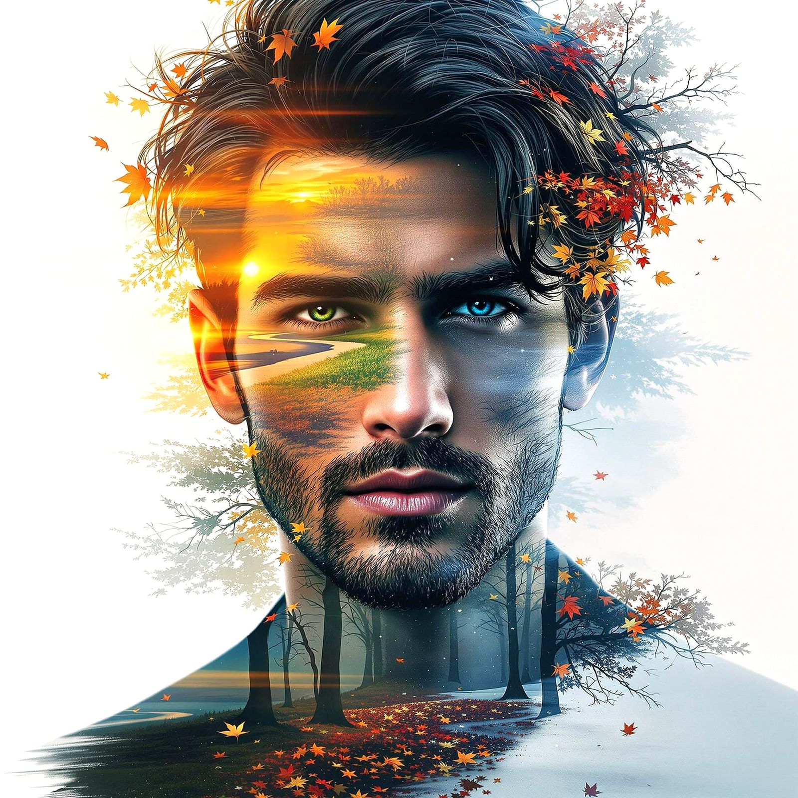 Hyperrealistic Portrait Collage of Four Seasons in Cool, Dar...