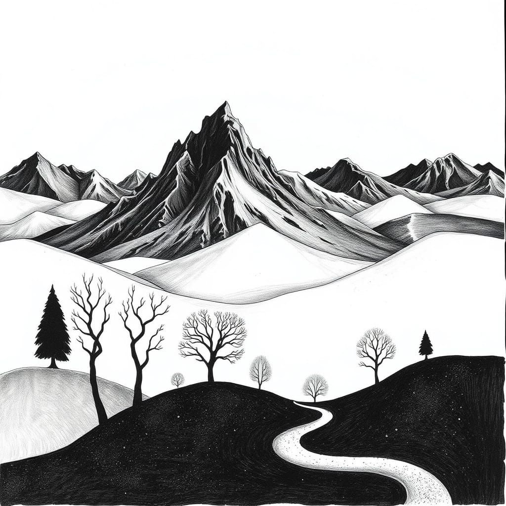 Mysterious Escher-Inspired Monochrome Landscape