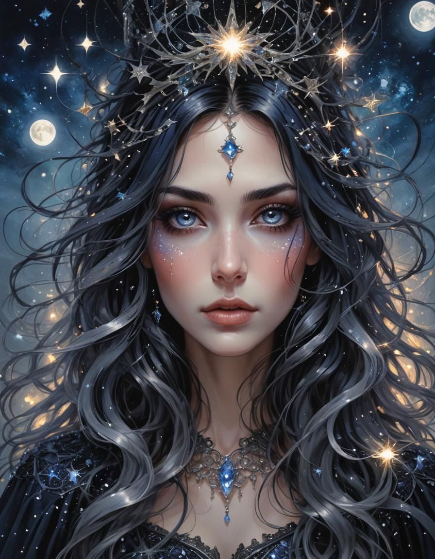 Ethereal Witch with Starlit Eyes in Indigo Sky
