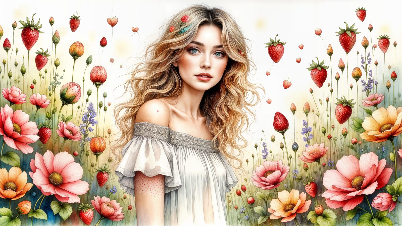 Ethereal Strawberry Fields in Dreamlike Watercolor