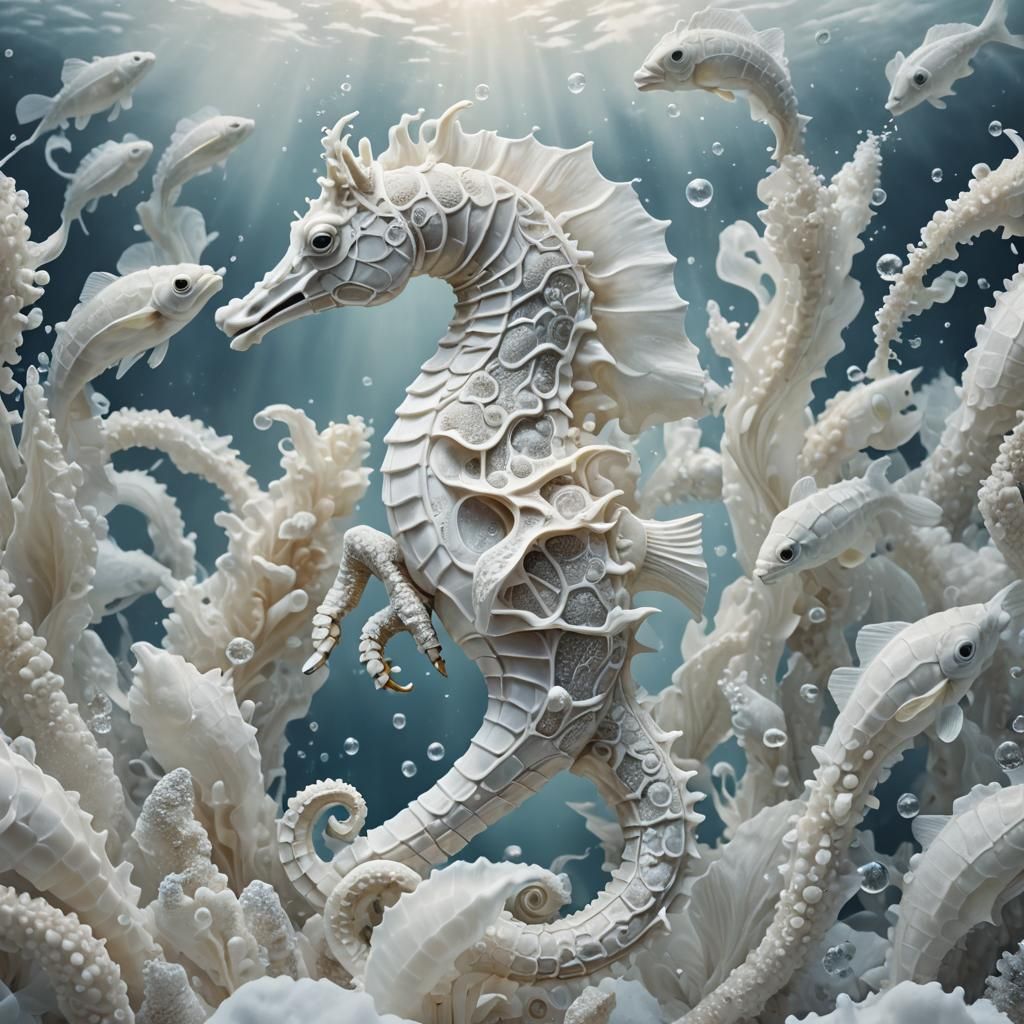 Epic White Seahorse in Milk Sea: Matte Painting