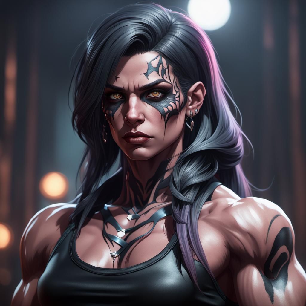 Gothic Female Bodybuilder Portrait in Hyperdetailed Style