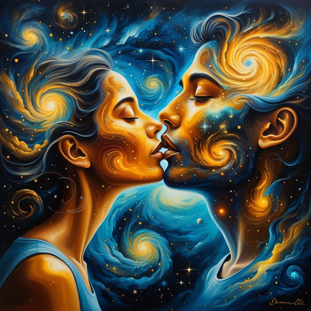 Cosmic Secrets Whispered by a Woman in Oil Painting
