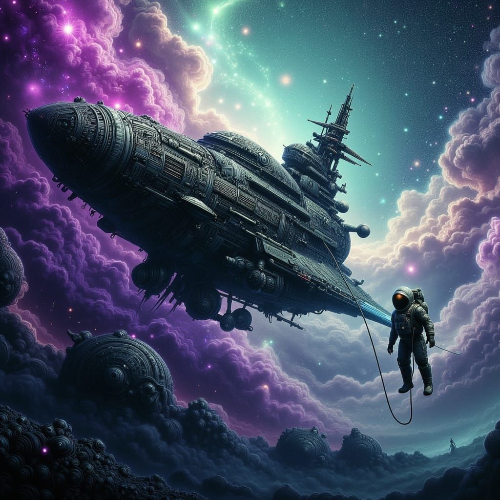 Astronaut Tethered to Ancient God Spaceship in Cosmic Nebula
