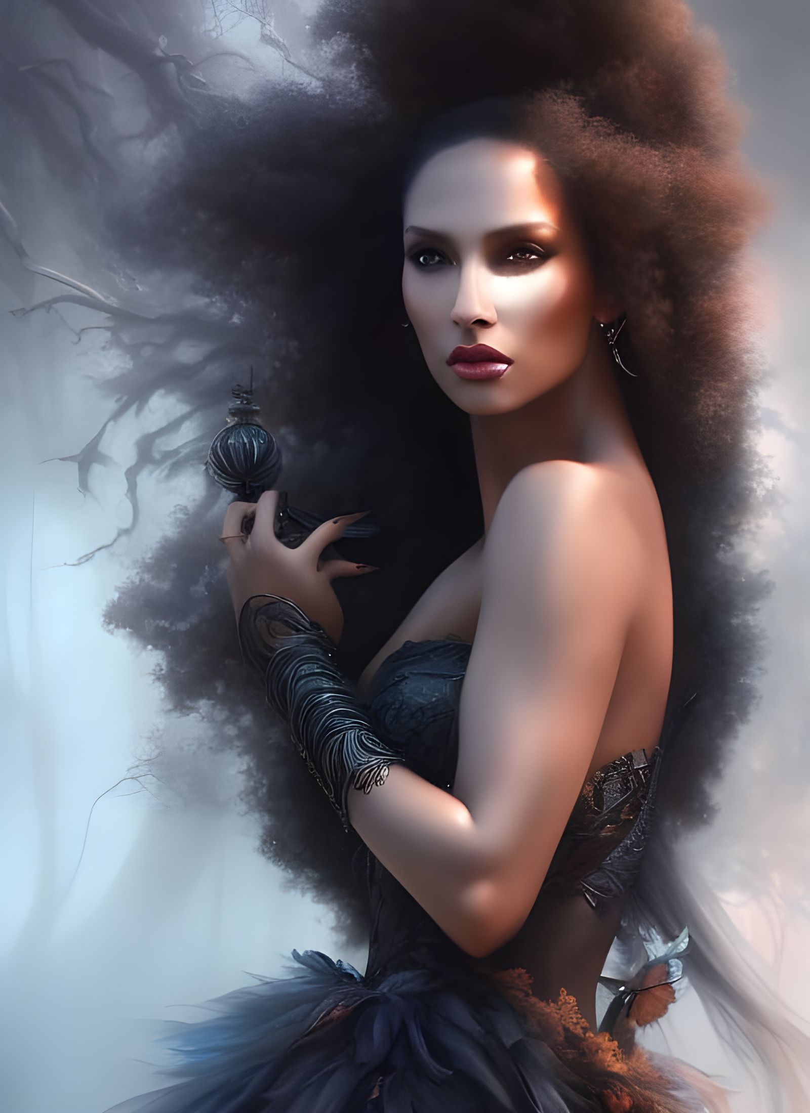 Spectacular Black Goddess in Haunted Forest, Watercolor