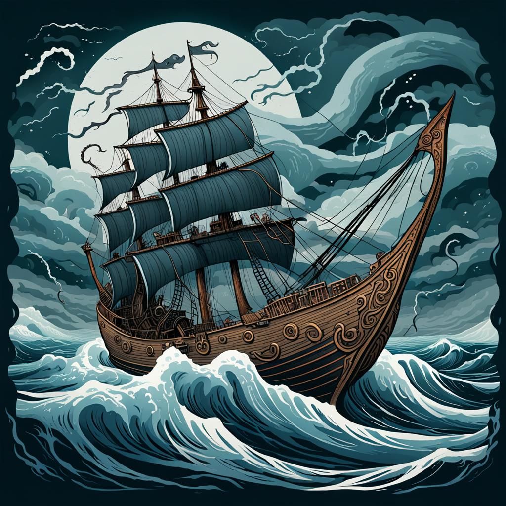 Kraken Attack on Viking Ship: Norse Mythology
