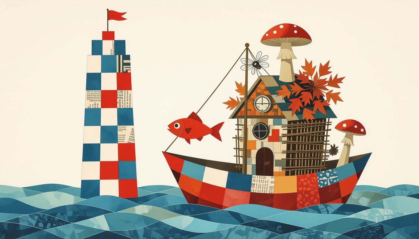 Mixed Media Collage: Block Tower, Paper Boat, and Wasp Nest