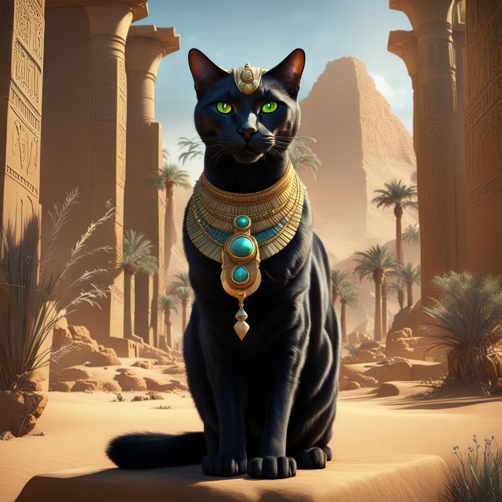 Egyptian Goddess Bastet in Desert Oasis