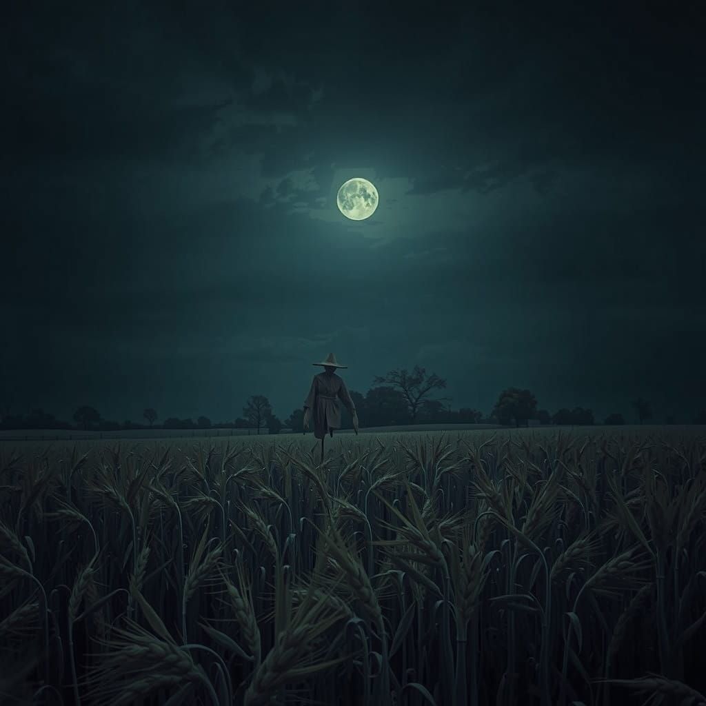 Foreboding Scarecrow in a Haunting Golden Wheat Field