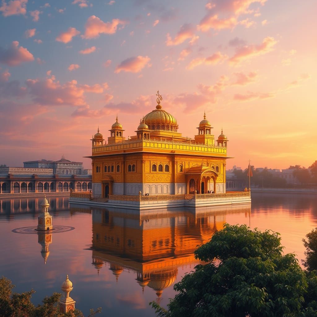 Golden Temple Sunset in Miniature Painting Style