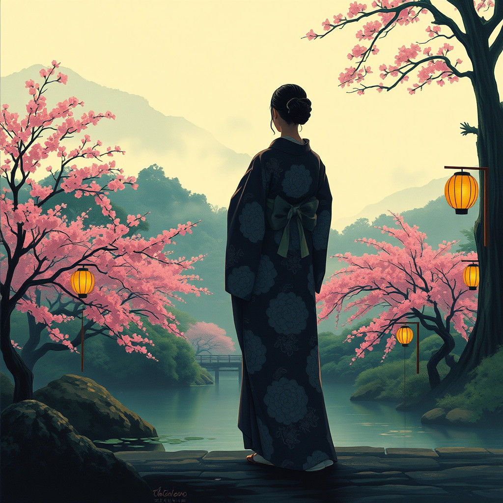 Woman in Japanese Garden in Ukiyo-e Style