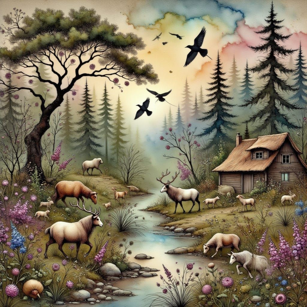 Earth-Toned Village Scene Amidst Nature