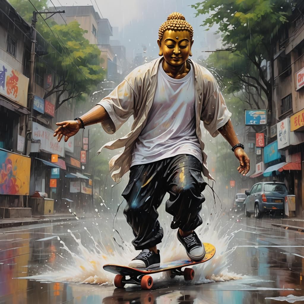 Skateboarding Buddha in Rainy Street: Fantasy Oil Painting