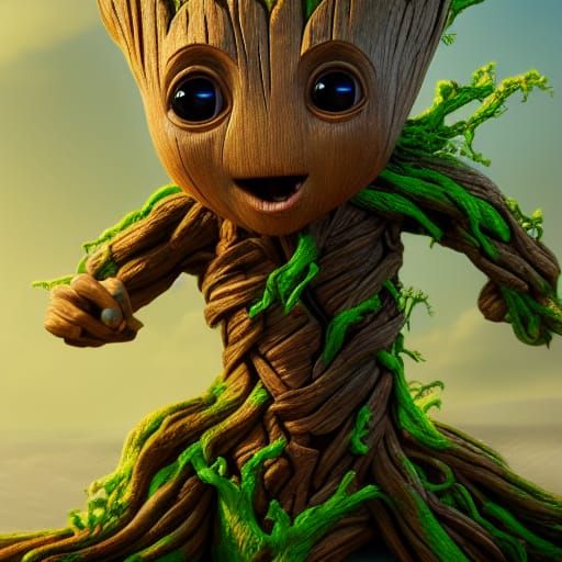 Baby Groot Playing on Beach: Detailed Digital Art