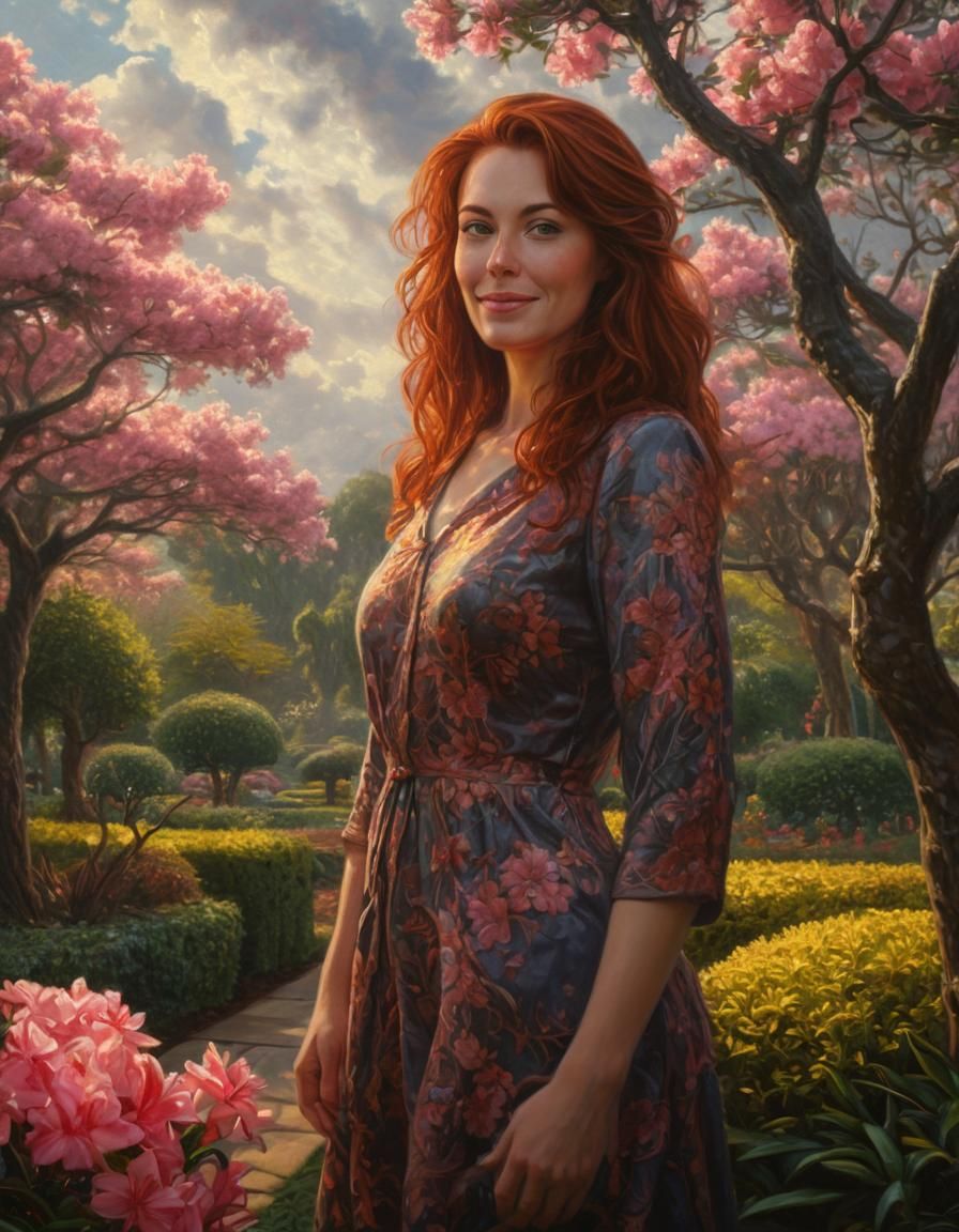Auburn Woman in Chiaroscuro Garden of Azaleas