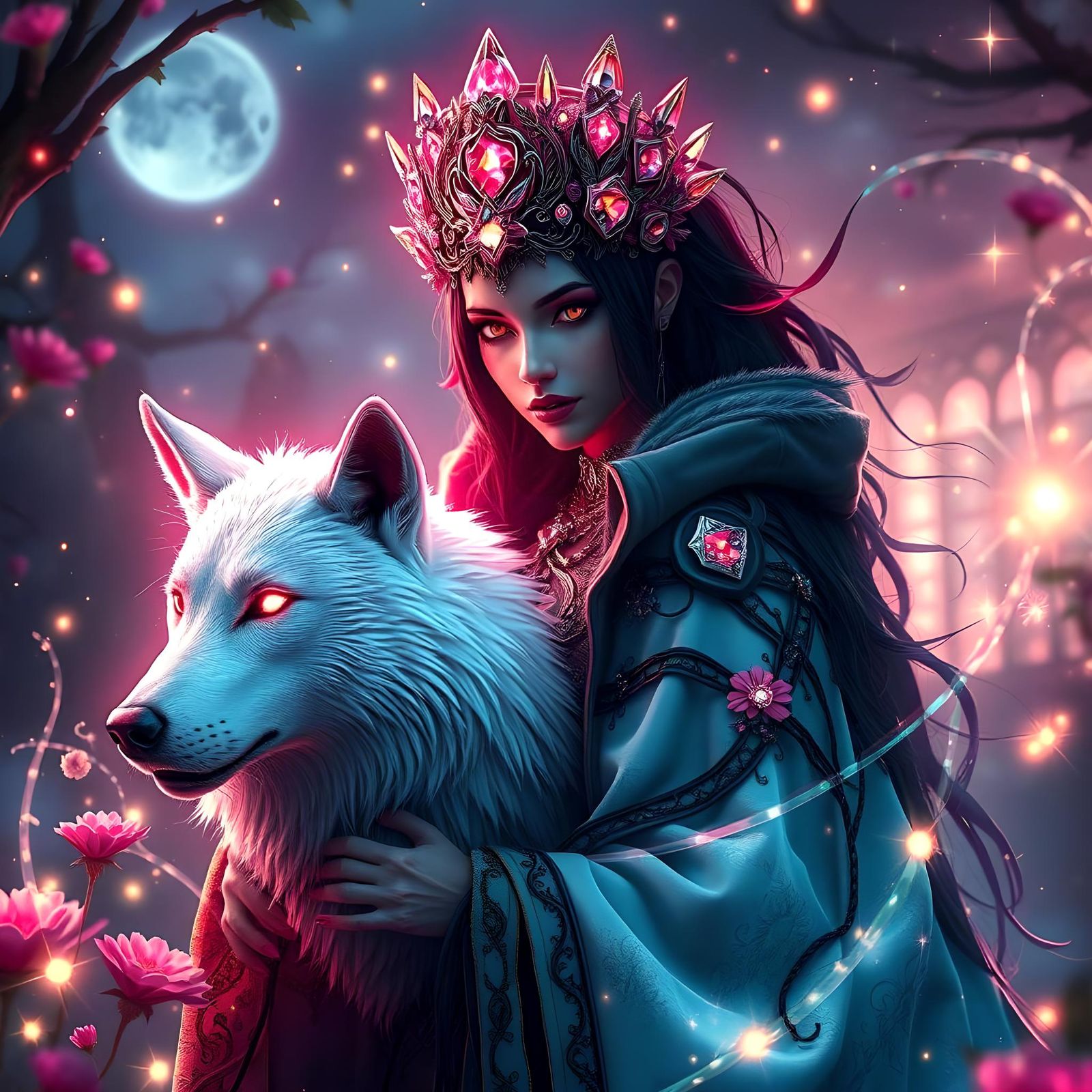Cyberpunk Druidess with Crystal Flower Crown and Wolf