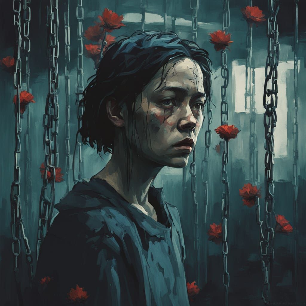 Melancholic Figure Surrounded by Broken Mirrors