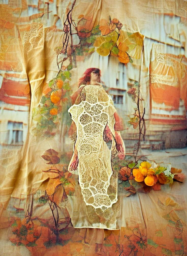 Vintage lace transparent dress flowing, woman walking, floral, vines, autumn, bohemian, bohemian sheets in sunset light,...