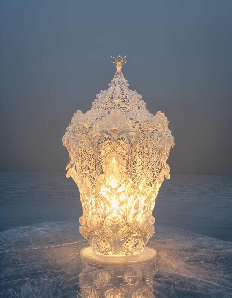 Glowing Ice on Fire Antique Lace Lantern in Mirrored Outdoor Funhouse