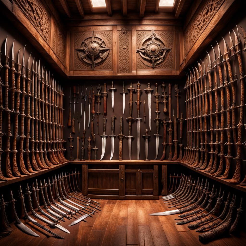 training room with walls of variety of blades, scimitars, swords , bat'leth, claymores