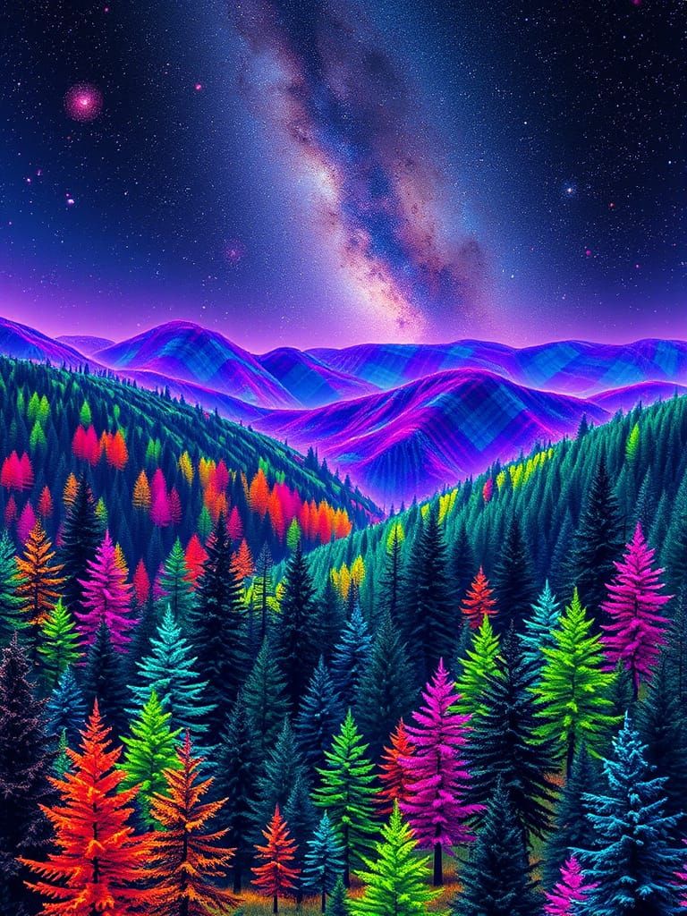 Glowing Plaid Forest in a Neon Landscape