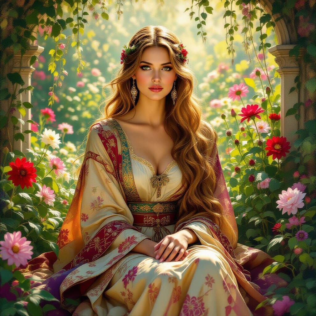 Ethereal Woman in a Pre-Raphaelite Garden