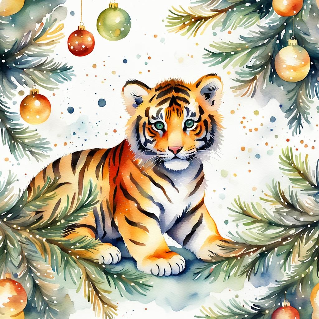 Baby Tiger Christmas: Albrecht Durer Watercolor Style