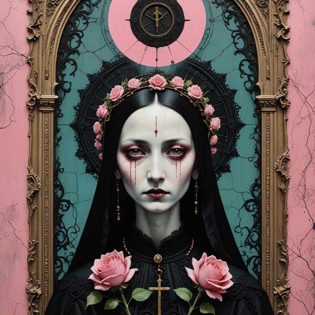 Gothic Holy Woman in Luminous Mixed Media Collage