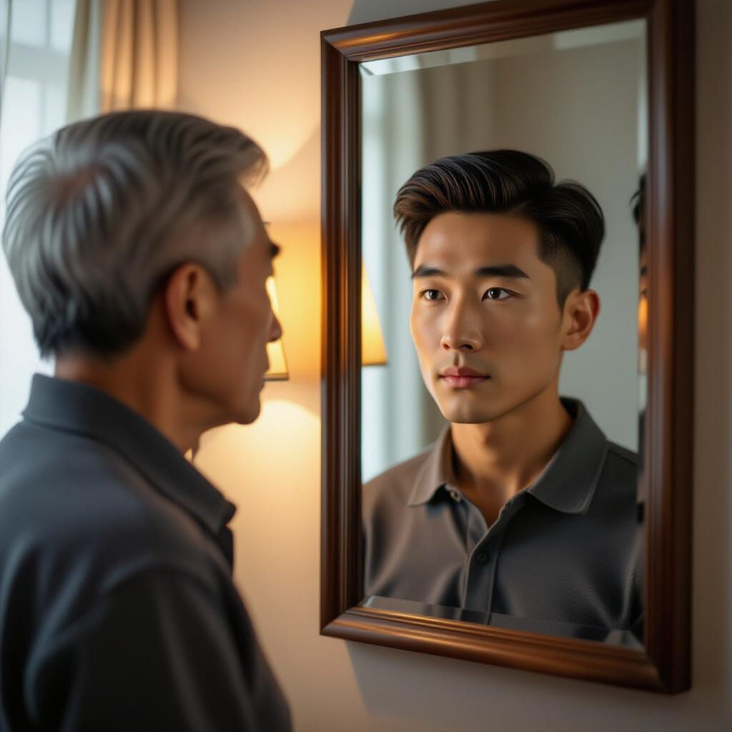 Elderly Man Sees Youthful Reflection in Mirror