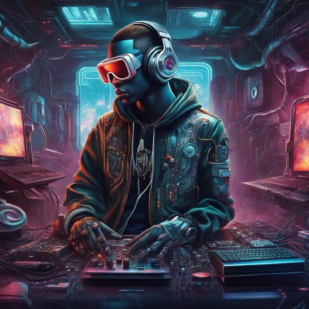 artwork that explores the fusion of hip-hop and technology. Imagine a hip-hop cyborg artist with a unique blend of human...