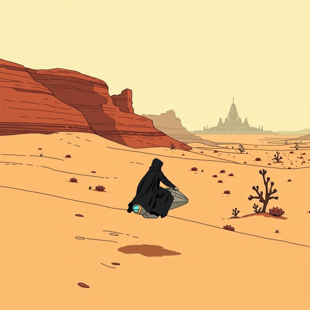 Sci-Fi Desert Landscape with Hoverbike, in Cel-Shaded Style