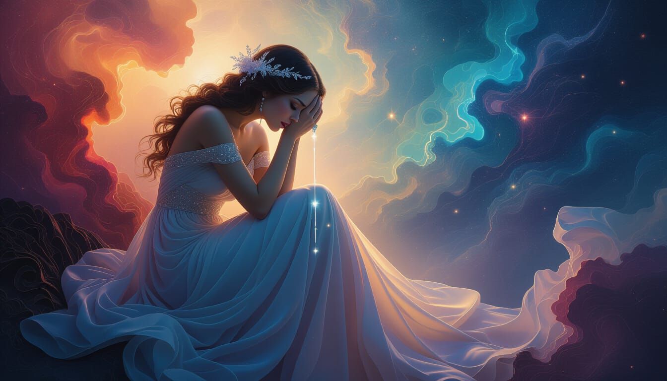 Celestial Goddess Weeping Tears of Light in Nebula