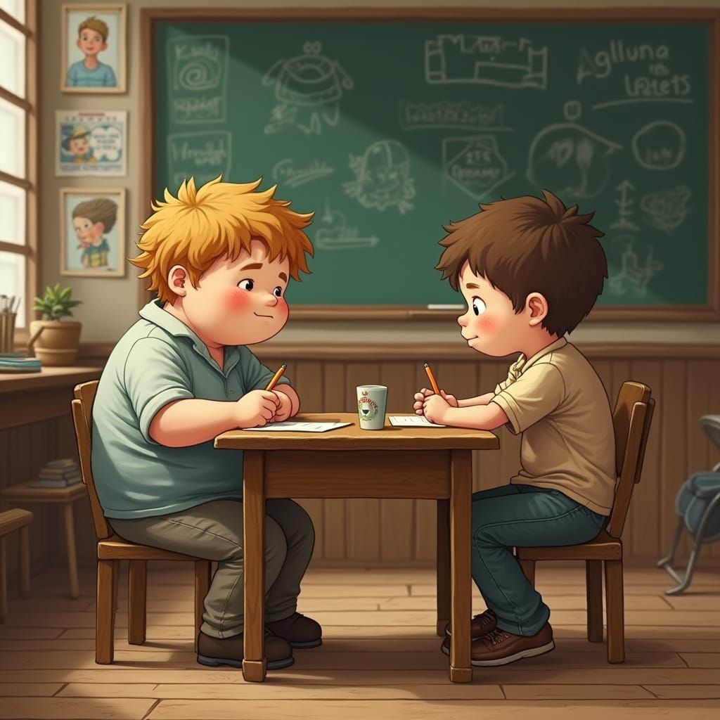 Childhood Friends Chatting in Nostalgic Classroom