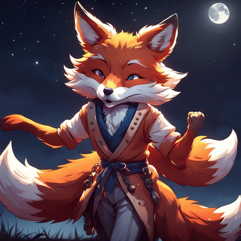 Anime Fox Dancing in Moonlight, 3D Render