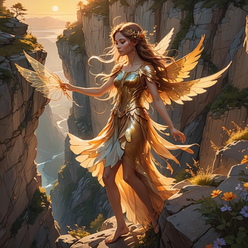 Sunlit Fairy with Wings in Digital Painting Style