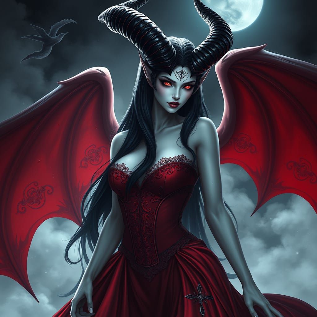 Gothic Demon Goddess in Elegant Red Gown