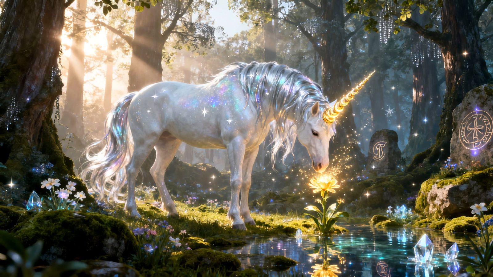 Majestic Unicorn Blessing Forest in Dawn Light