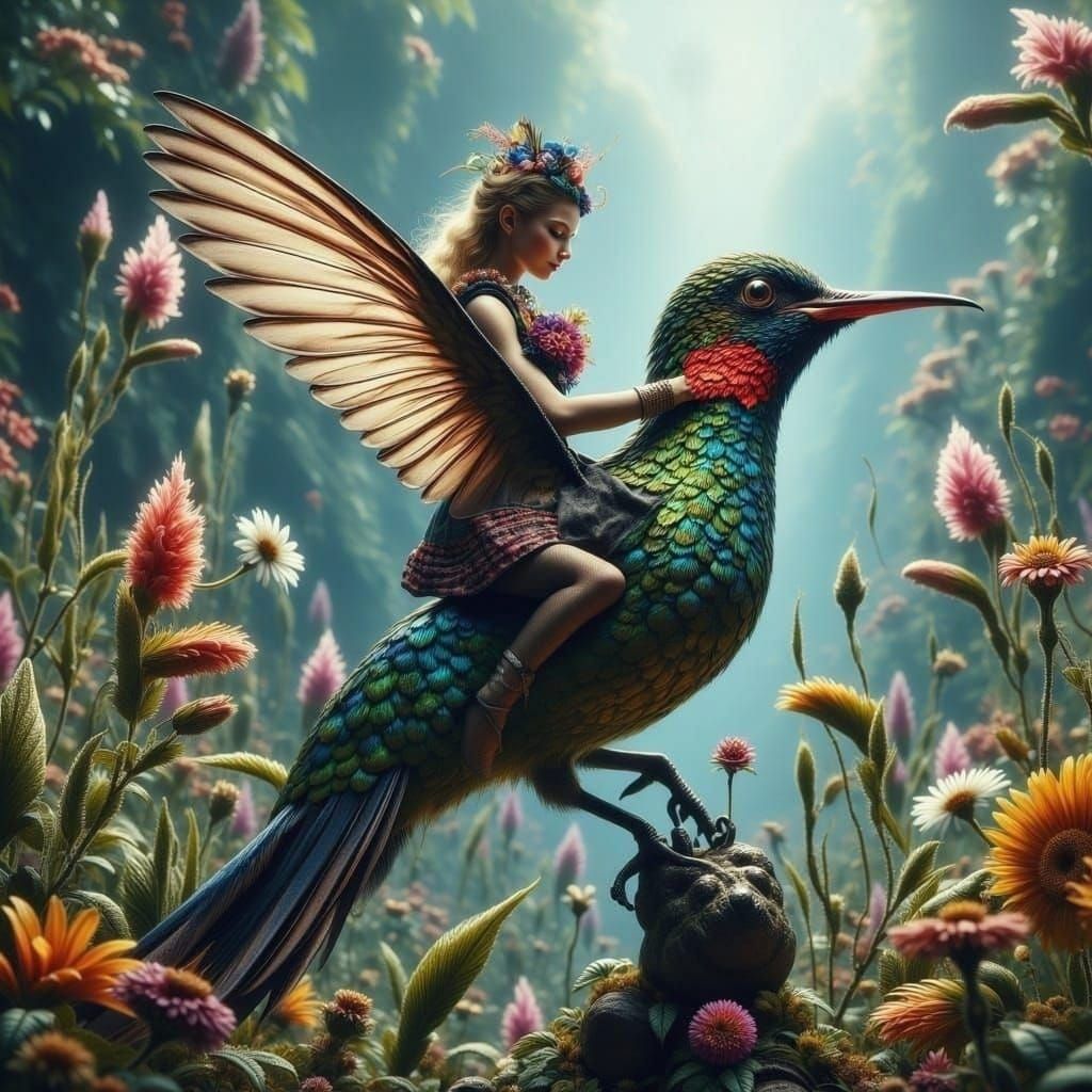 Miniature Blonde Woman Rides a Hummingbird
