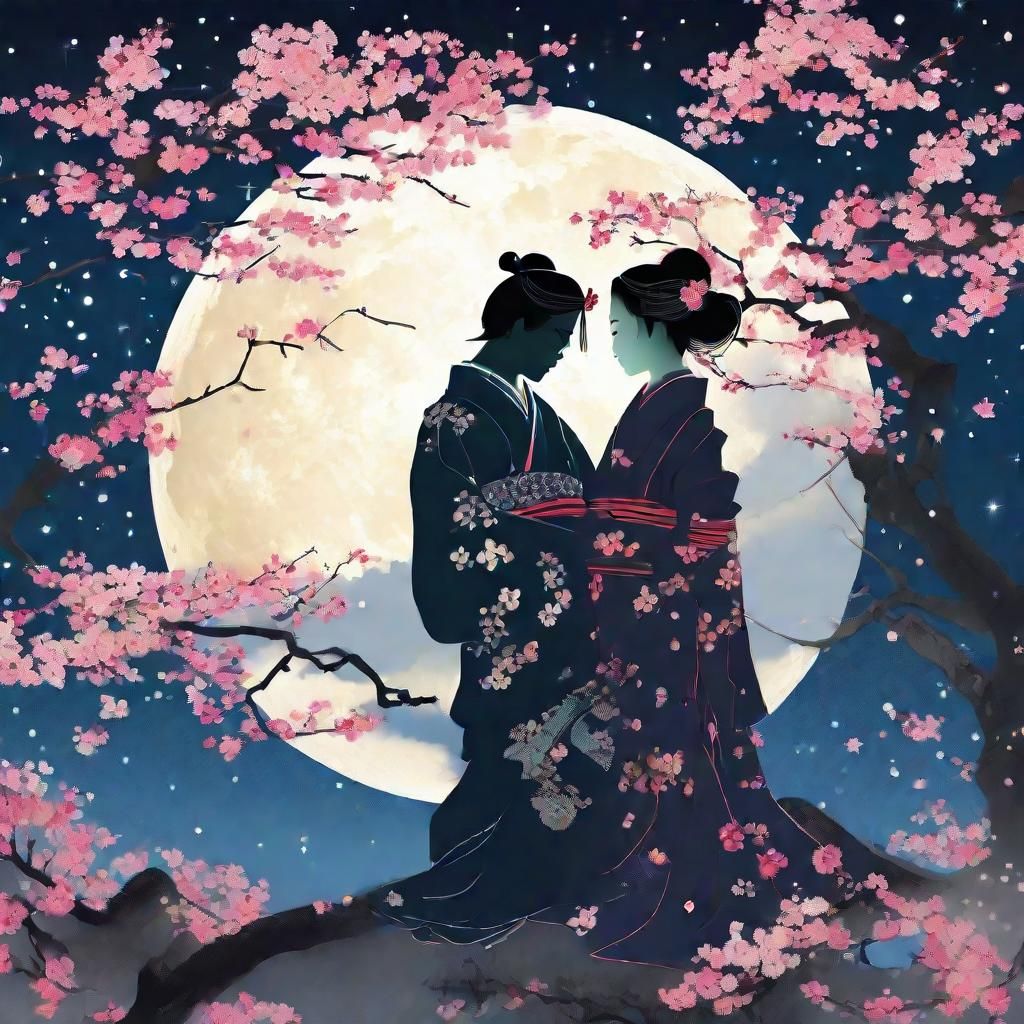 Samurai and Geisha Silhouette Under Cherry Blossoms