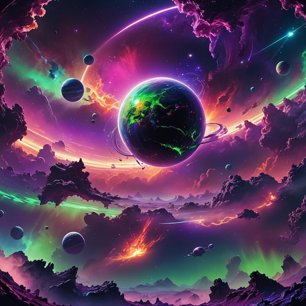 Sci-Fi Neon Planet in Space, Digital Matte Painting